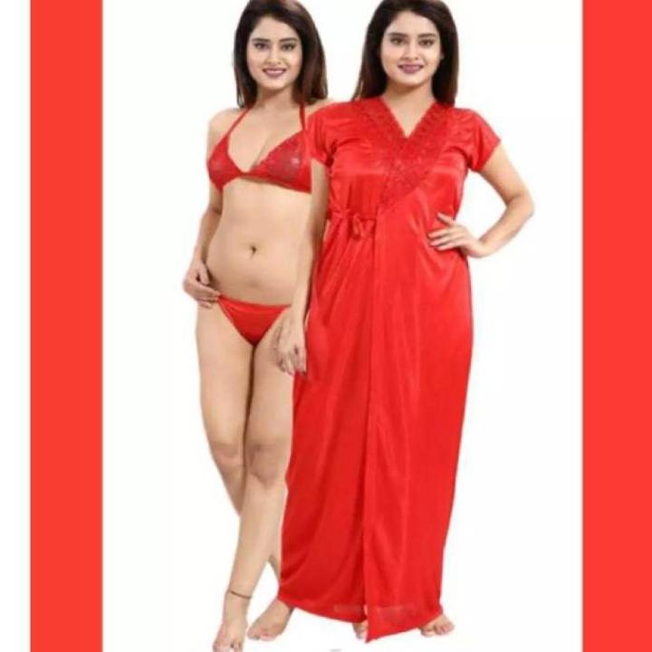 3 Part Satin Solid Women Nighty Set - Night Dress For Women - Night Dress For Women