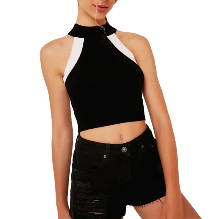 Women%20Knit%20Halter%20Tank%20Tops,%20Adults%20Summer%20Color%20Block%20Ribbed%20Round%20Neck%20Crop%20Tops%20-%20Image%202