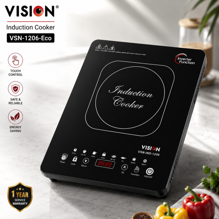 VISION Induction Cooker VSN-1206-Eco (873814) | 2000W Touch Control Cooktop | 1 Year Service Warranty | Free Delivery
