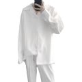 Cuban collar shirt men's short sleeve white summer trend fashion brand premium thin loose casual drape ice silk shirt.