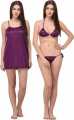 Tree Part Satin Solid Women Nighty Set - Stylish Night Dress for Women - Perfect for All Seasons. 