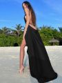 Laxsesu Backless Slip Long Dress Elegant Summer Holiday Style Beachwear Sleeveless Draped V-Neck Slip Maxi Dresses. 