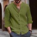 men's cotton linen shirt loose comfortable casual linen young men stand collar solid color shirt. 