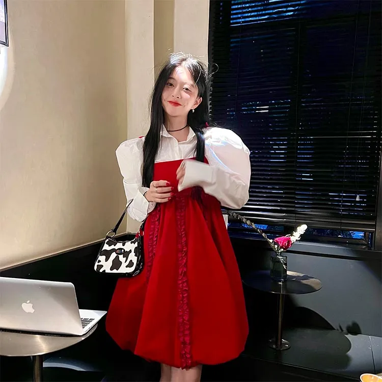 Korean Kawaii Cute Loli Girl Red Camisole Dress Sweet Square Collar  Sleeveless Vintage Lace Decorate Velvet Mini Ball Gown Dress | Daraz.com.bd