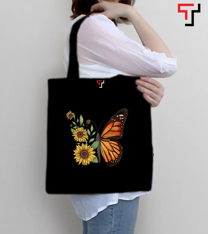 Illustrated Butterfly Design Canvas Tote Bag with Zipper Black