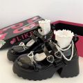 Black Leather Shoes Spring and Autumn Season Metal Chain Sponge Cake Sole Mary Jane Shoes Women's Patent Leather Gothic Style House Foocus. 