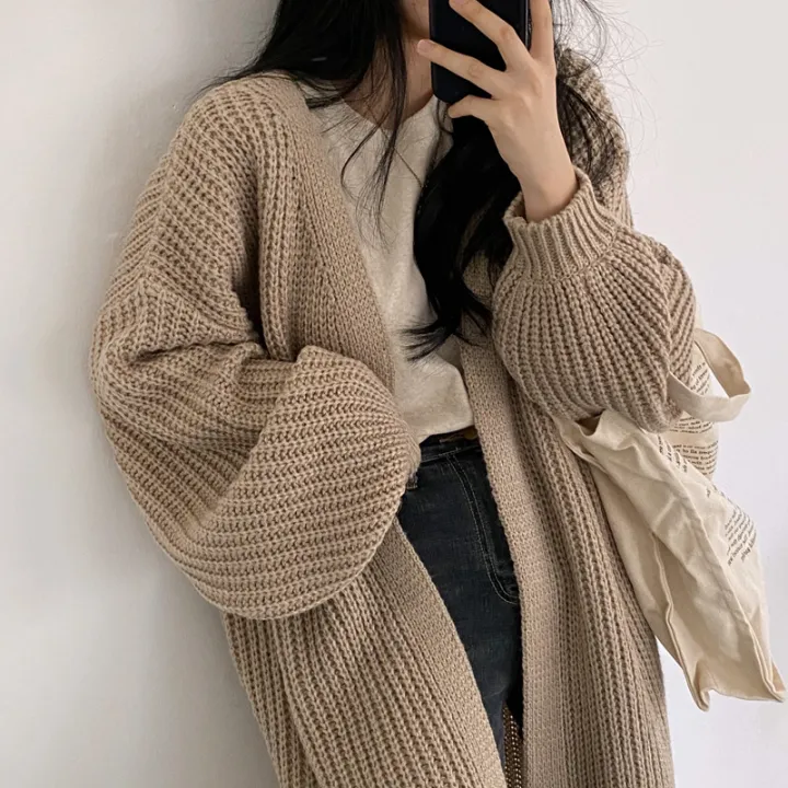 Korean%20version%20lazy%20wind%20pit%20strip%20long%20sweater%20women's%20coat%202023%20new%20solid%20color%20loose%20balloon%20sleeve%20knitted%20cardigan%20tide%20-%20Image%202