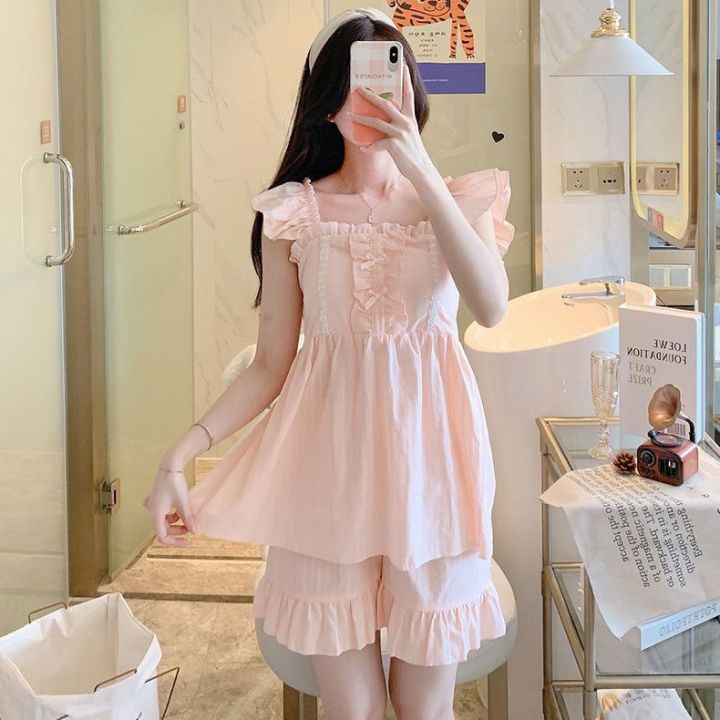 Women's%20Sling%20Pajamas%20Summer%20Woven%20Cotton2023New%20Sweet%20Women's%20Sweet%20Dried%20Shrimp%20Powder%20Two-Piece%20Suit%20Summer%20-%20Image%203