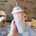 Cartoon Cute Rainbow Cup with Straw Double Plastic BPA Free Woman Girl Water Bottle for Juice Milk Coffee 500ml Drinking Tumbler Water Bottles.