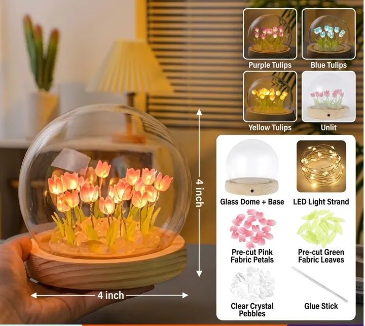 Complete set-up/DIY Artificial Tulip Flowers (09 Pcs) Night Light USB/Battery Operated Table Lamp LED Nightlight Handmade Bedside Light Gift Valentine's Day