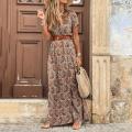 Fashion Boho Long Dress for Women V Neck Short Sleeve Paisley Print Belt Large Hem Beach Long Dress Elegant Women's Dress.