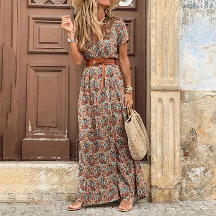 Fashion%20Boho%20Long%20Dress%20for%20Women%20V%20Neck%20Short%20Sleeve%20Paisley%20Print%20Belt%20Large%20Hem%20Beach%20Long%20Dress%20Elegant%20Women's%20Dress%20-%20Image%204