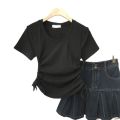 2023 Summer Design Sense Niche Hot Girl Shoulder Short Sleeve New Korean Style Top T T-shirt Slimming round Neck Yoga Clothes.