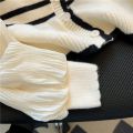 French Striped Sweater Women's Spring and Autumn Thin Design Puff Sleeve Patchwork Retro Fake Two-Piece Top. 