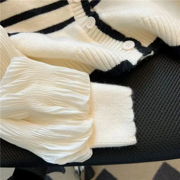 French%20Striped%20Sweater%20Women's%20Spring%20and%20Autumn%20Thin%20Design%20Puff%20Sleeve%20Patchwork%20Retro%20Fake%20Two-Piece%20Top%20-%20Image%205