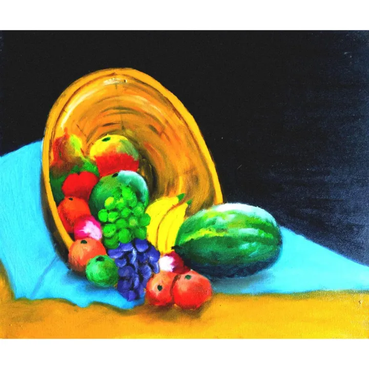 Oil Painted Fruit Basket on Canvas. Oil Painting. Fruit basket Painting.