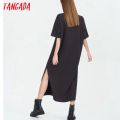 Tangada 2021 Women Elegant 95% Cotton Sweatshirt Dress Oversized Short Sleeve Side Open Ladies Midi Dress 6L60. 