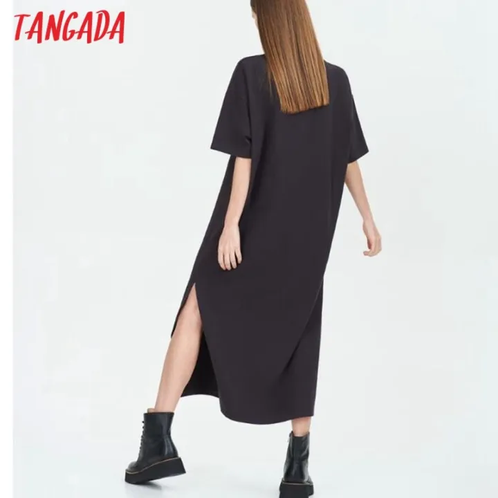 Tangada%202021%20Women%20Elegant%2095%25%20Cotton%20Sweatshirt%20Dress%20Oversized%20Short%20Sleeve%20Side%20Open%20Ladies%20Midi%20Dress%206L60%20-%20Image%205