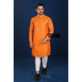 Elegant Outfit Orange Cotton Semi Long Panjabi For Men - কাপল ড্রেস শাড়ি. 