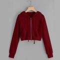 Solid Zipper Women's Crop Tops Sweatshirt Casual Pocket Long Sleeve Pullover Hooded Drawstinhg Hoodies For Girls Fashion Свитшот. 