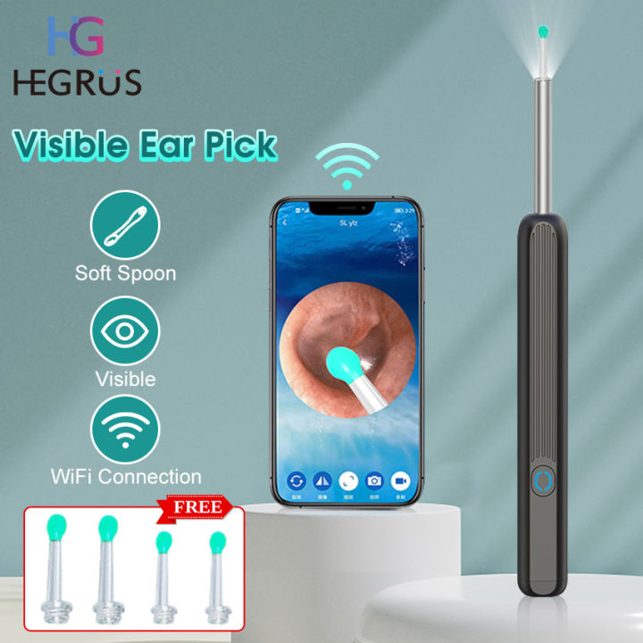 HEGRUS Ear Pick LED Flashlight Visible Ear Spoon Ear Wax Removal Ear Cleaner Visual Ear Scope Camera Safe Ear Pick Ear Cleaning Tool with HD Camera for iPhone, iPad Android Smart Phones