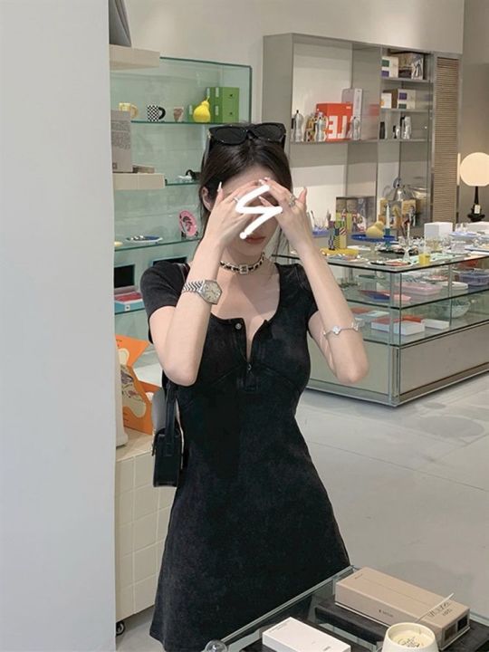 American%20Washed%20and%20Worn%20Hot%20Girl%20Black%20Dress%20Summer%20u%20Collar%20Short%20Sleeve%20Retro%20Slim%20Fit%20Slimming%20a%20Line%20Skirt%20Short%20Skirt%20Fashion%20-%20Image%206