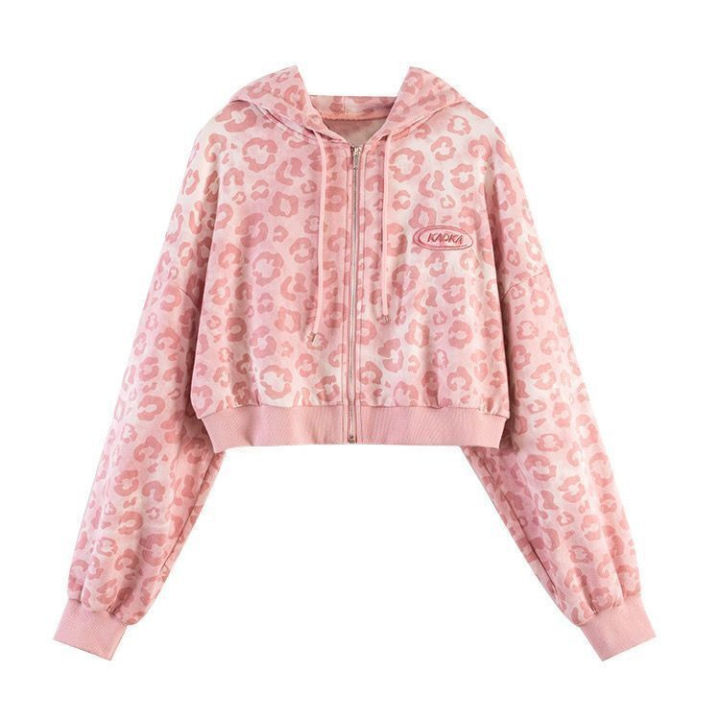 2023%20Pink%20Leopard%20Print%20Cropped%20Cardigan%20Jacket%20Women's%20Spring%20and%20Autumn%20New%20Loose%20Hong%20Kong%20Style%20Retro%20Hooded%20Sweatshirt%20Tide%20-%20Image%205