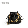 TOUTOU Genuine Leather Quilted Drawstring Bucket Bag for Women with Chain Strap Crossbody Handbag for Daily Use and Commuting. 