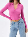 Ladies Collar Long Sleeve Ribbed Crop Top Blouse, Casual Fit, Stylish Slim Wear. 