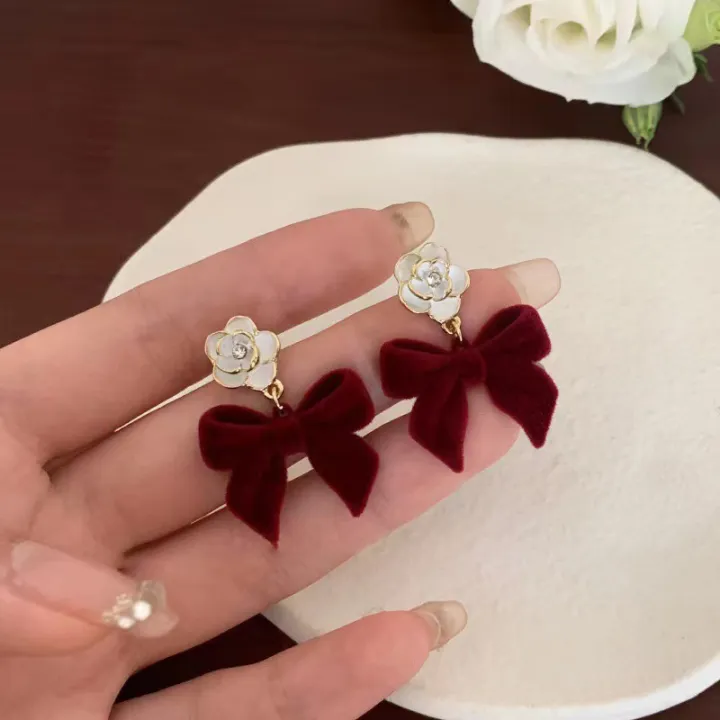 Red%20Flocked%20Fabric%20Bowknot%20Earrings%20Temperament%20Sweet%20Flowers%20Long%20Fringe%20Earrings%20jingu%20-%20Image%203