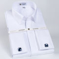 Men's Classic Fly Front Placket French Cuffs Dress Shirt Without Pocket Full Sleeve Standard-fit Banquet Wedding White Shirts. 