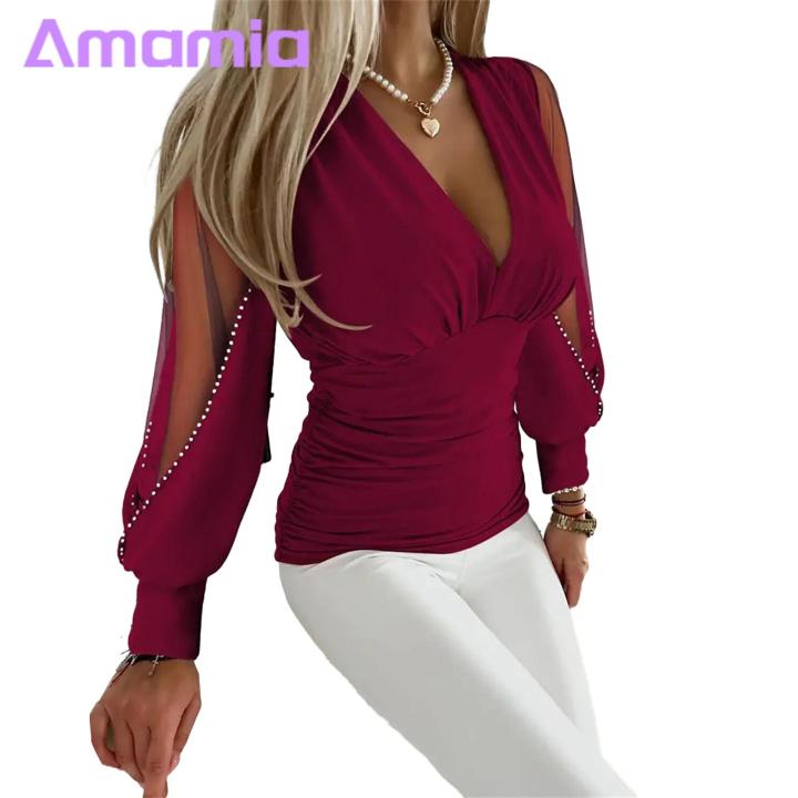 Mesh%20Sleeve%20Top%20Deep%20V%20Neck%20Mesh%20Patchwork%20Blouse%20for%20Women%20Stylish%20Ol%20Commute%20Shirt%20with%20Beaded%20Detailing%20Slim%20Fit%20Long%20Sleeves%20Women%20Slim%20Fit%20Shirt%20-%20Image%203