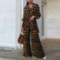 Women’s 2PCS Leopard Printed Long Sleeve Tops Shirt Wide Leg Pants Trousers Suits. 