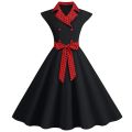 Women's Elegant Professional Dresses Retro Standing Neck Polka Dot Patchwork Double Breasted Large Swing Dress. 