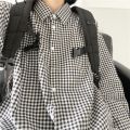 Black and White Plaid Shirt Female Spring and Autumn Fashion Thin Student Loose Long Sleeve Hong Kong Style Retro Design Sense All-Matching Shirt. 
