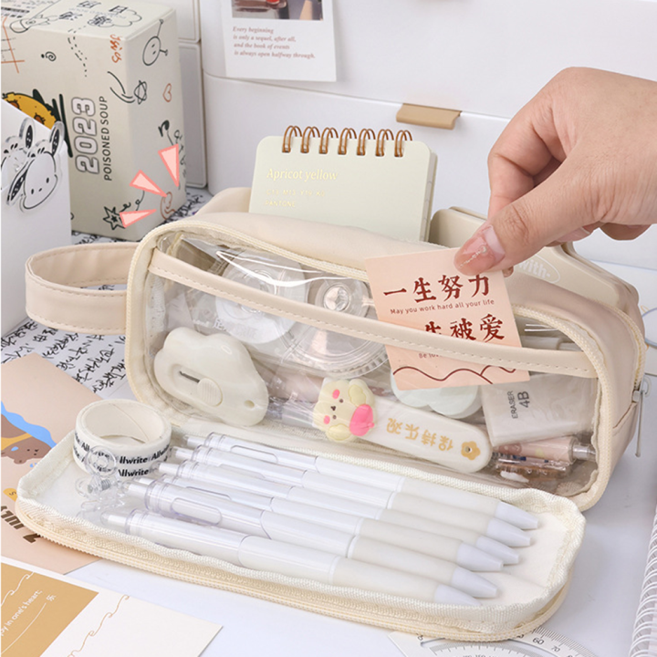 Ins style Pencil case Practical Transparent Pouch design Pen pouch Large capacity Zipper closure Stationery holder for Students Office workers Art enthusiasts Travelers Organizational tool