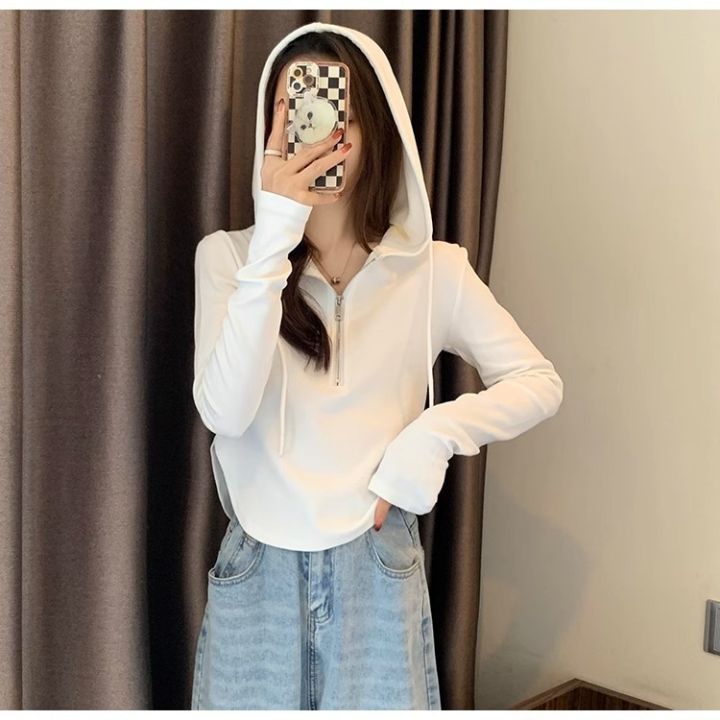 Hooded%20Drawstring%20Long%20Sleeve%20T%20T-shirt%20Women's%20Design%20Sense%20Niche%20Spring%20and%20Autumn%20New%20Minimalist%20Thin%20Korean%20Style%20ins%20Zip%20Top%20-%20Image%203