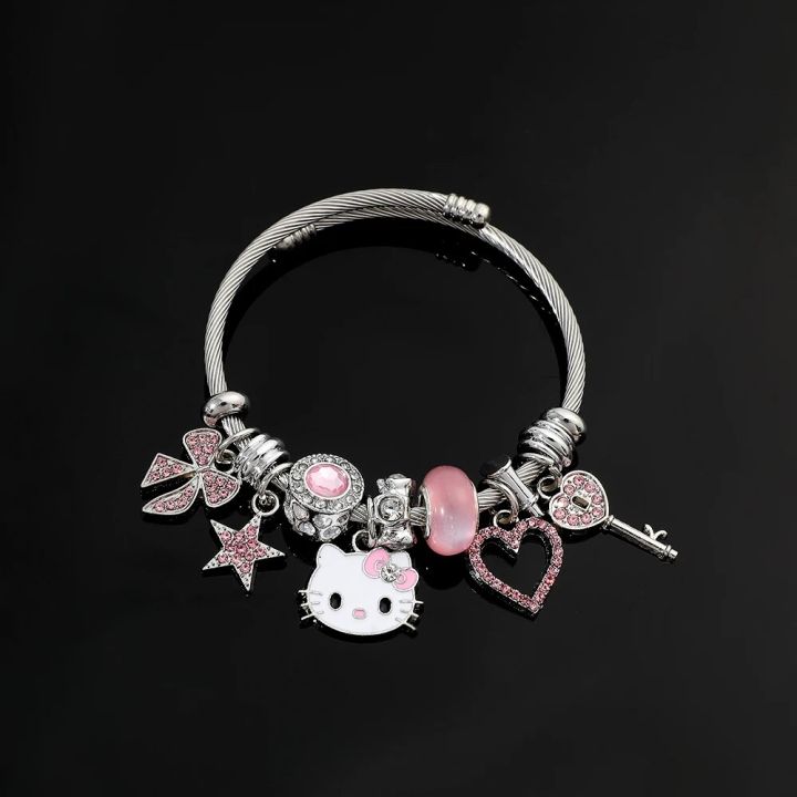 Sanrio Crystal Beads Bracelet Bangle Hello Kitty Zircon Inlay Enamel Pendant Bracelet Women Cute Sweet Jewelry Hand Accessories