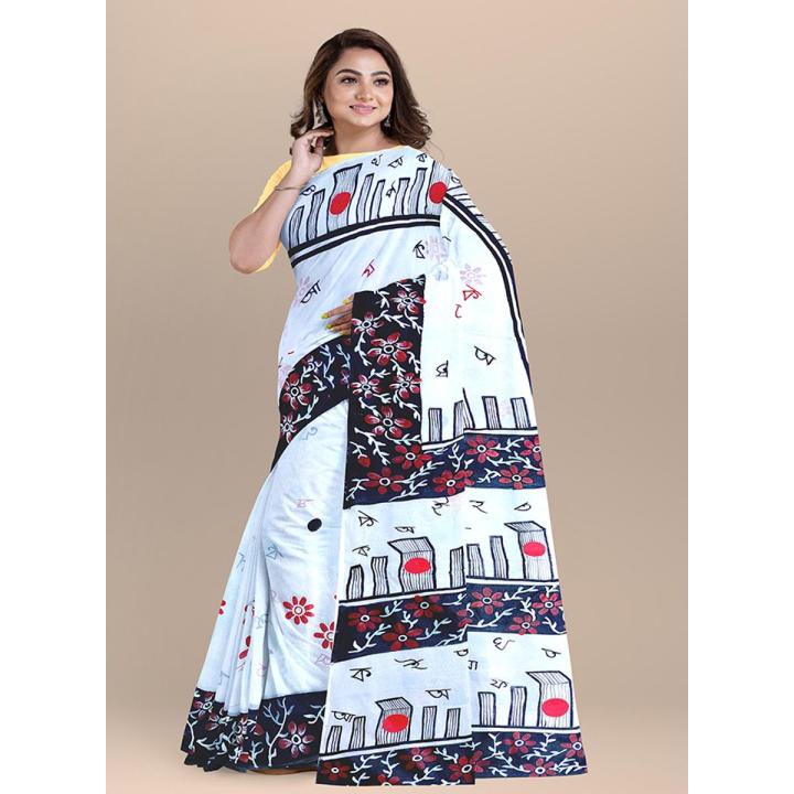Tangail Tat 21 February Special Hand Print White & Black Combnation Color 12 Hand Silk saree for Women