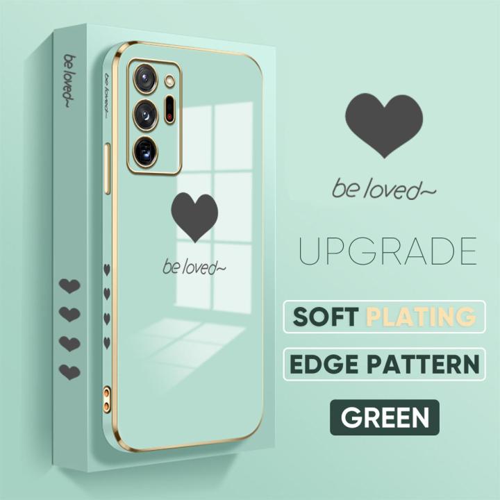 Jizetin (Free Lanyard) for Samsung Note20 Ultra Back Cover Heart loved Luxury 6D Plating Case Side Pattern Soft Silicone Square Mobile Phone Cases