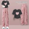 2023Summer a Set of Chubby Slimming Girls' Small Pink Overalls Suit Women's Fashion Fried Street Suit Pants.