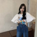 IELGY Korean style white cartoon print short sleeve t-shirt women loose. 