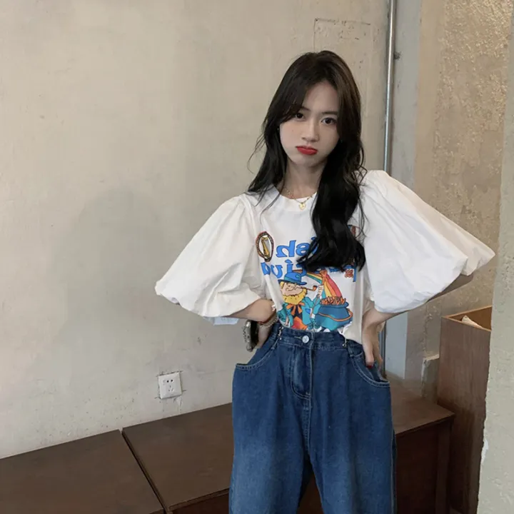 IELGY%20Korean%20style%20white%20cartoon%20print%20short%20sleeve%20t-shirt%20women%20loose%20-%20Image%206
