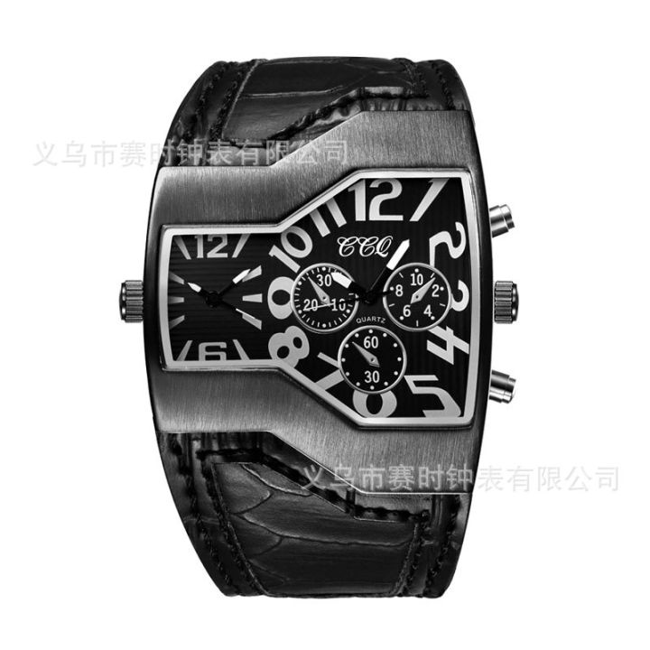 Foreign Trade Business Large Dial Men's Watch Personalized Double Time Zone Belt Digital Quartz Watch Three-Eye Six-Pin Wristwatch