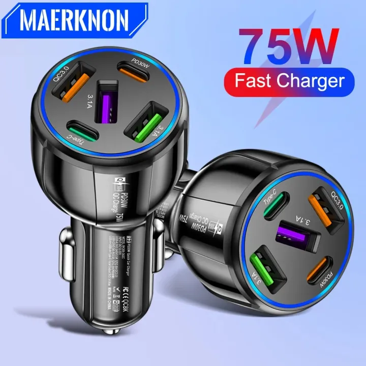 75W Car Charger 5 Port USB Type C Fast Charging Power Adapter Quick Charge 3.0 For iPhone 15 14 Huawei Xiaomi Car Phone Charger