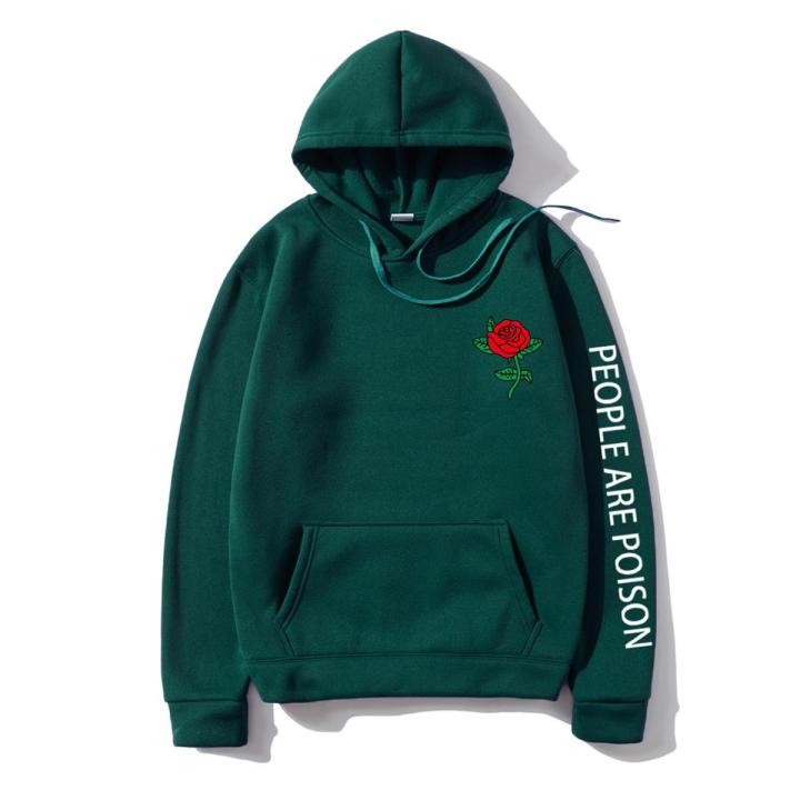 Harajuku Hoodie Men Fashion Red Rose Flower Sweatshirt with