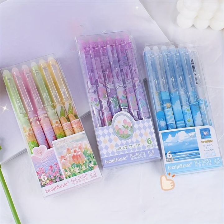 6pcs%20Purple%20Tulip%20Erasable%20Gel%20Pens%20Kawaii%20Gel%20Pens%20With%20Erasers%20Korean%20Stationery%20Students%20Girl%20Gift%20School%20Office%20Supplies%20-%20Image%202