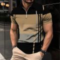 Men's Zip Polo Shirt 3d Stripe Print Fashion Clothing Summer Business Casual T-Shirt Mens Polo Shirt Zip Short Sleeve Street Top. 