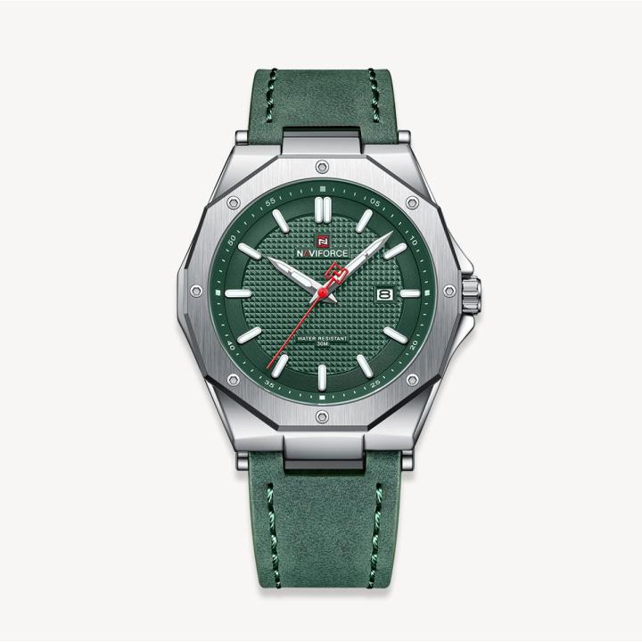NAVIFORCE NF9200 Green PU Leather Analog Watch For Men - Silver & Green
