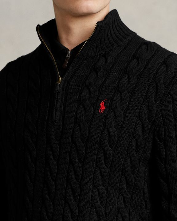 Ralph Lauren Cable-Knit Cotton Quarter-Zip Sweater – Black